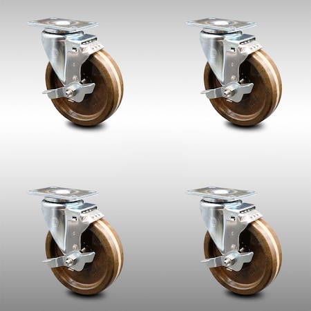 Service Caster 5 Inch SS High Temp Phenolic Swivel Top Plate Caster Set with Brake SCC SCC-SS20S514-PHSHT-TLB-4